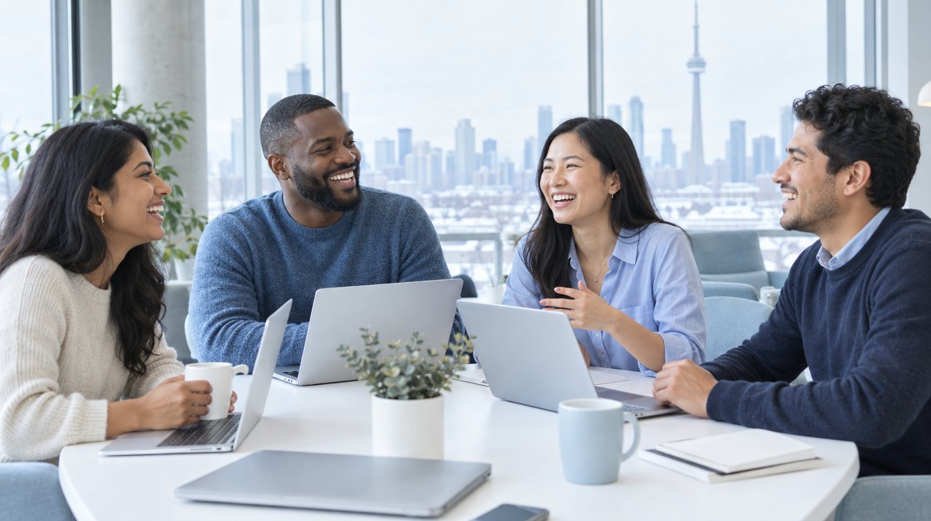 Four smiling professionals talking around a table in a bright Toronto office