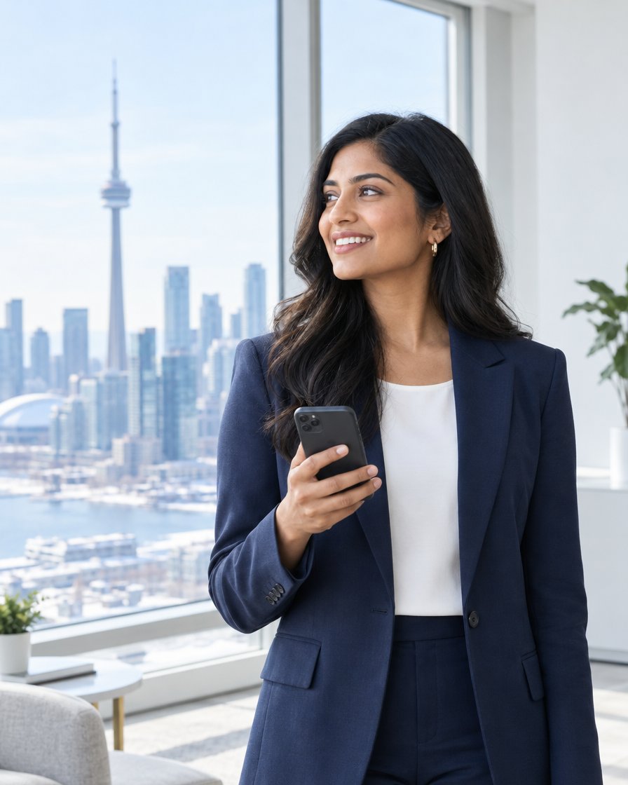 A smiling woman in a navy blazer holding her phone in a Toronto office, the CN Tower behind her