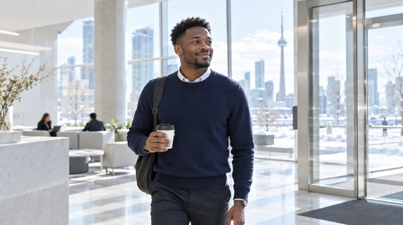A professional man walking into a bright Toronto office lobby with a coffee