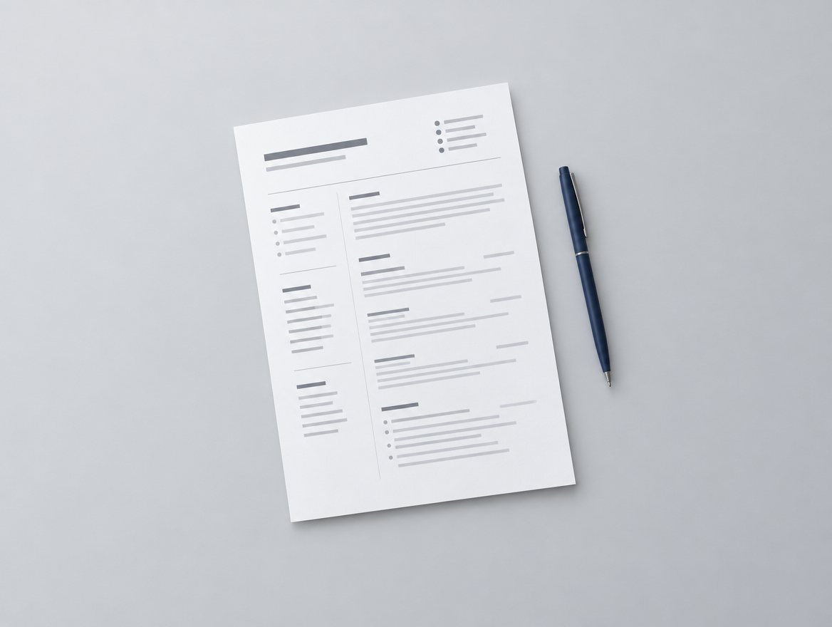 A clean one-page resume on a grey desk beside a navy pen